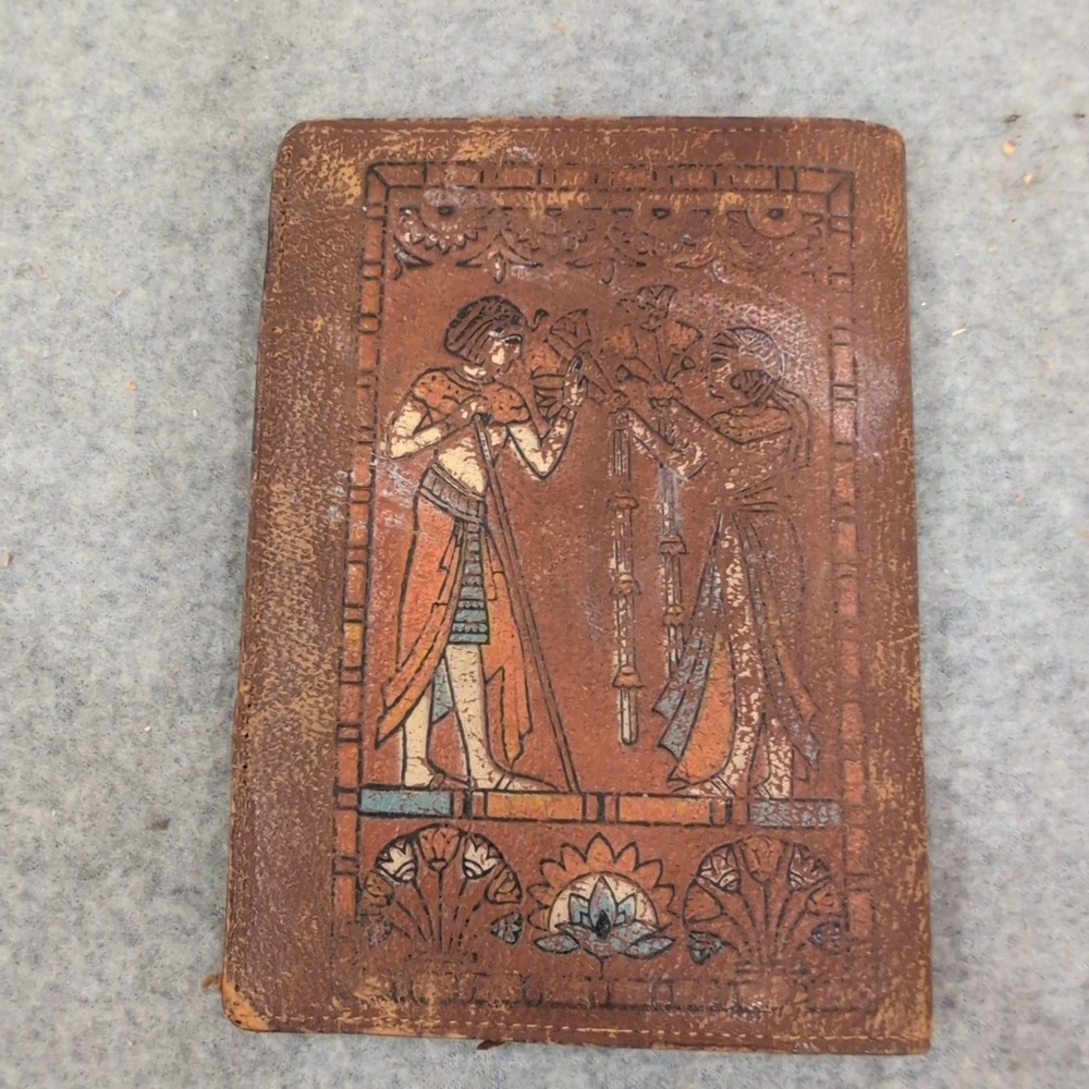 Vintage Egyptian Revival Hand Painted Leather Bifold Wallet Brown Camel Leather - Picture 2 of 6